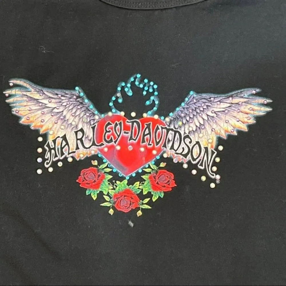 Harley Davidson Black Angel Heart Floral With Rhinestones Graphic Shirt Size XL - Picture 6 of 8